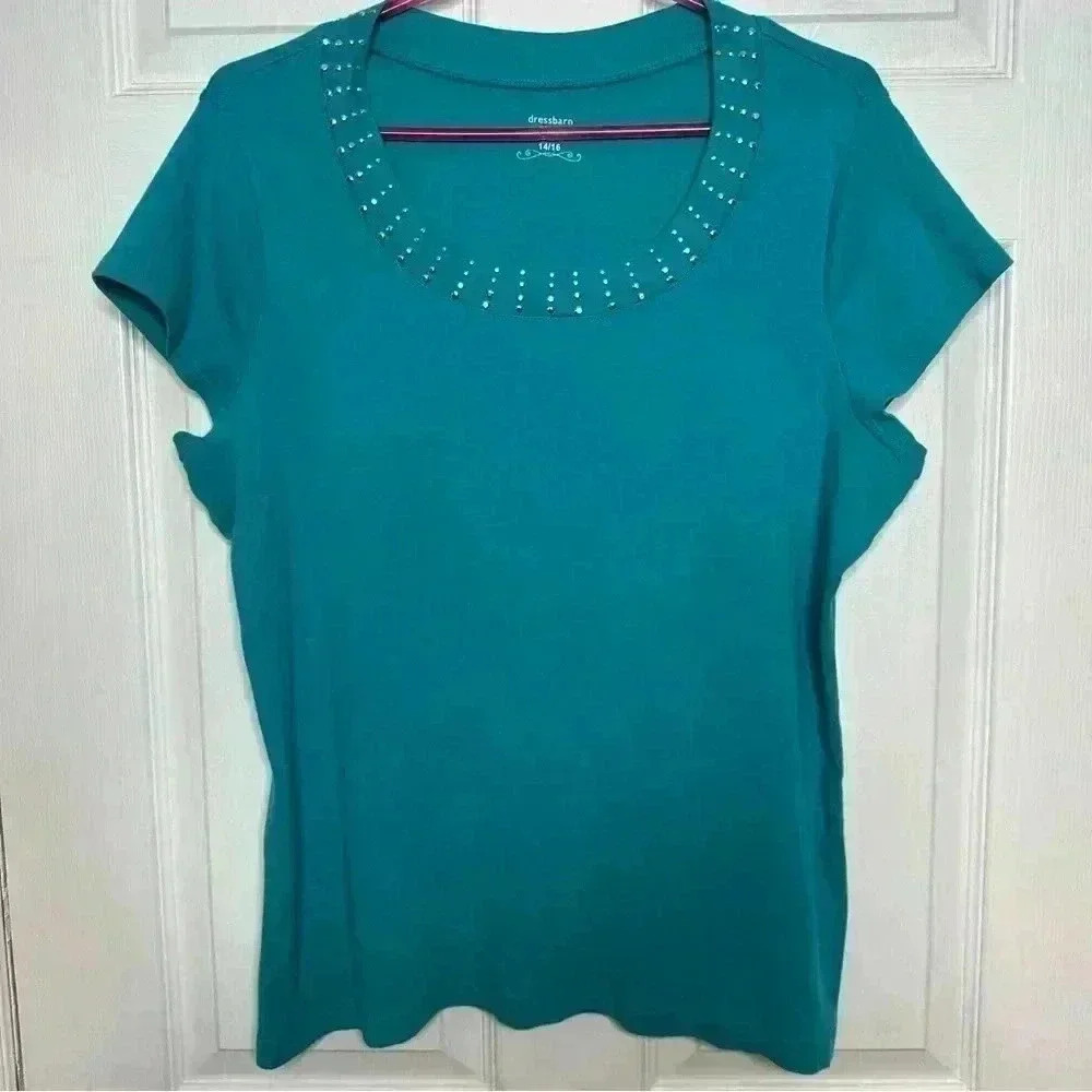 Dressbarn T-Shirt Rhinestones Greenish Blue Size 14/16